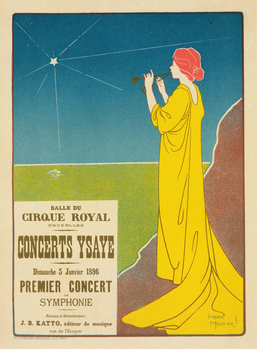Concerts Ysaÿe by Henri Meunier — A woman in yellow blows two trumpets toward a rayed star