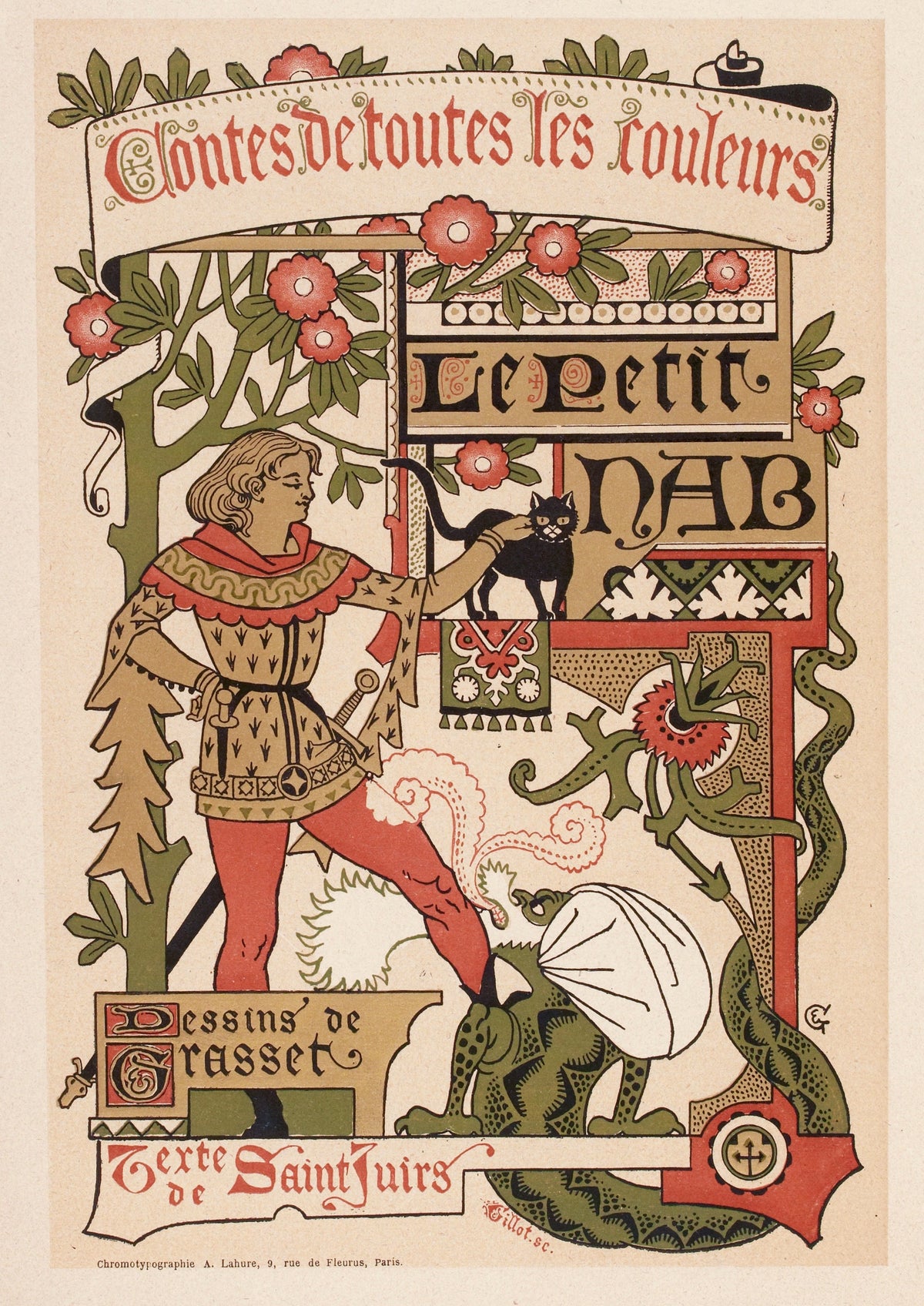 Contes de toutes les couleurs Le Petit Nab by Eugène Grasset — A young man in a red cape-collar strokes a cat above a green dragon