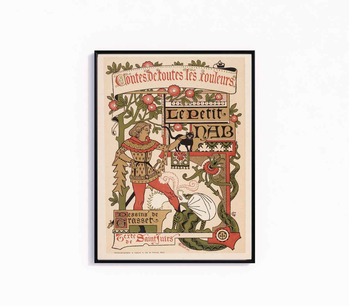 Framed art print of Contes de toutes les couleurs Le Petit Nab by Eugène Grasset, in a slim black frame on a plain white wall