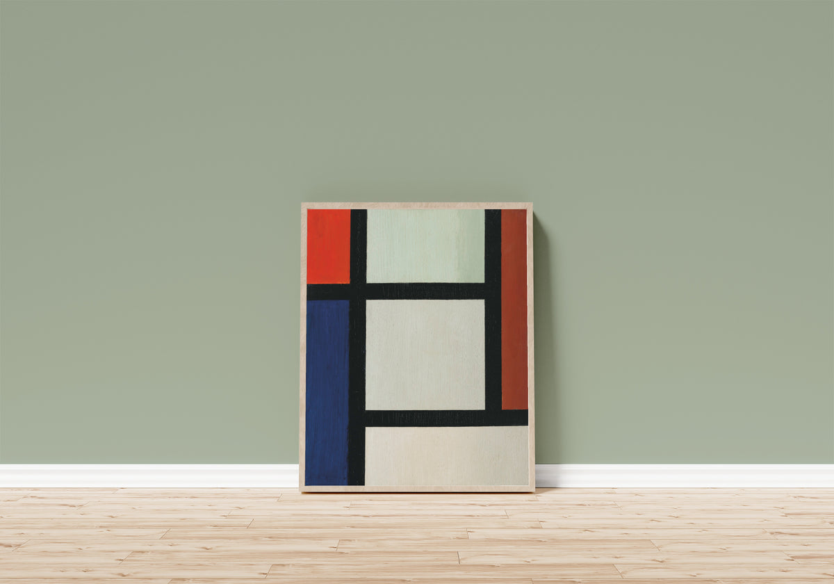 Framed art print of Contra-Composition by Theo van Doesburg, in a light wood frame leaning on a sage green wall above a wooden floor