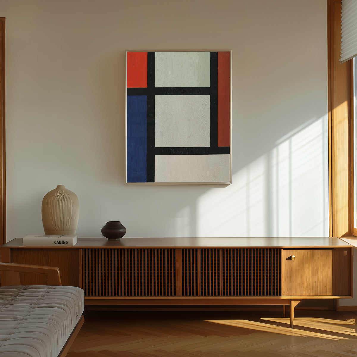 Framed art print of Contra-Composition by Theo van Doesburg, in a thin light frame on a sunlit wall above a wooden sideboard