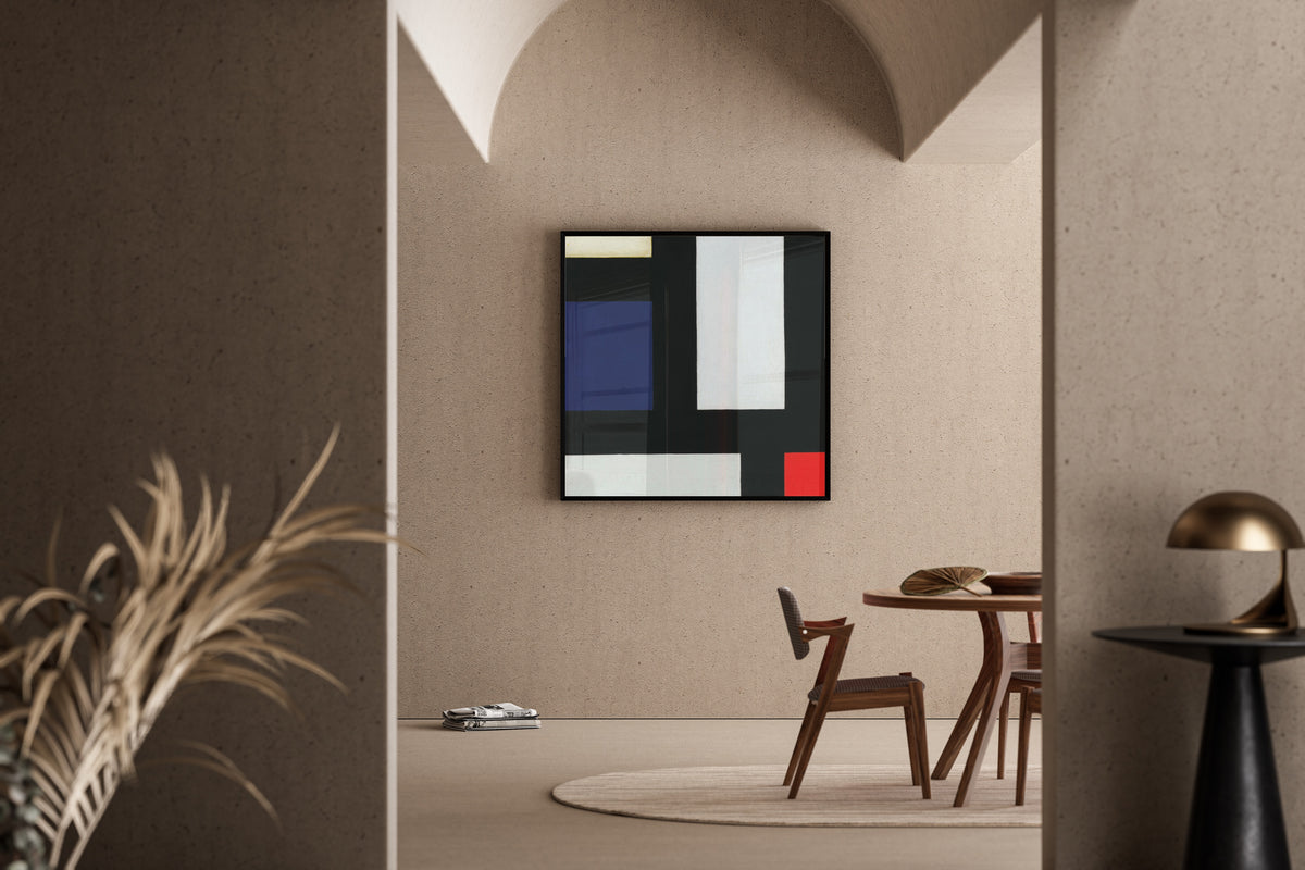 Framed art print of Contra-composition IV by Theo van Doesburg, in a sunlit dining corner