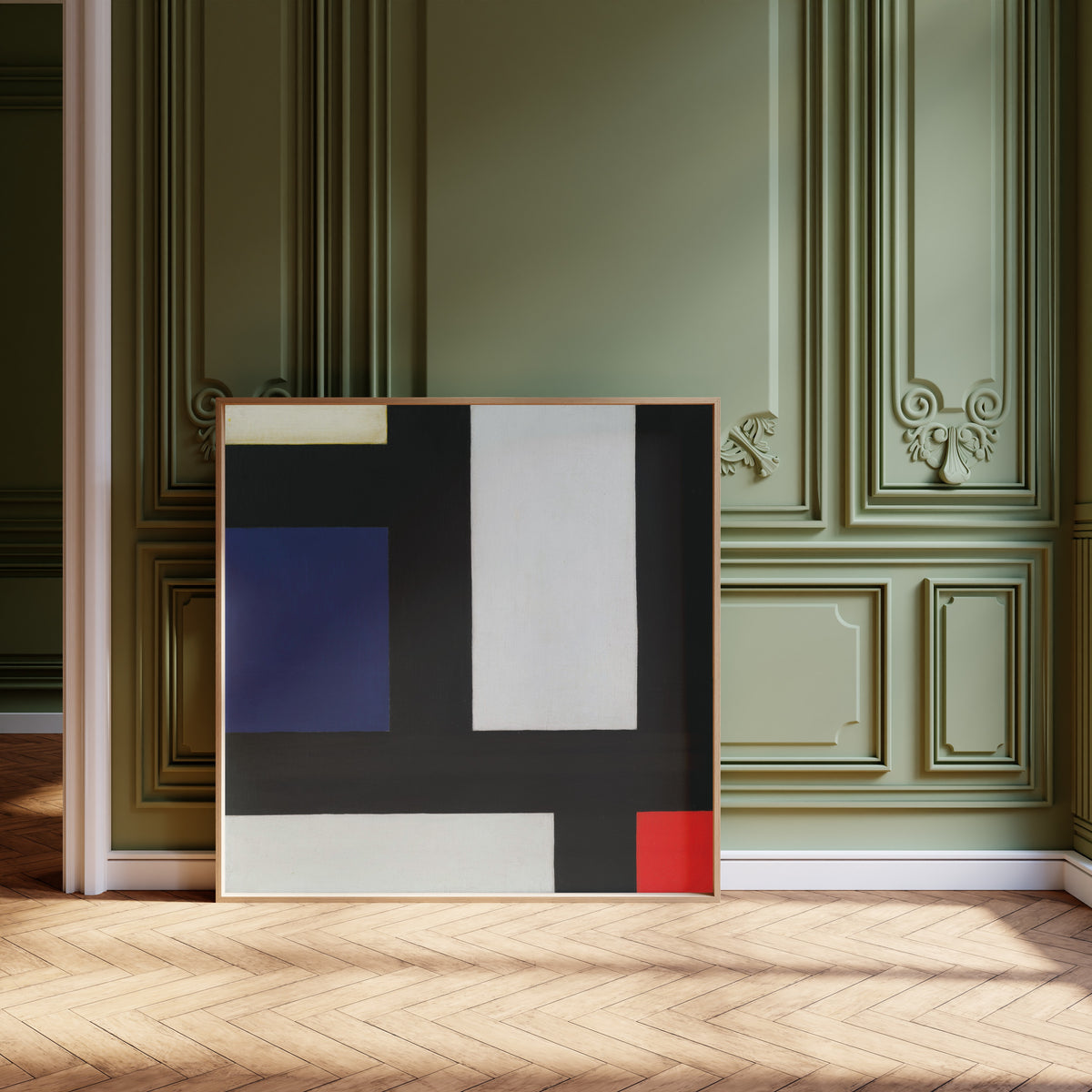 Framed art print of Contra-composition IV by Theo van Doesburg, leaning against olive-green panelling on a herringbone floor