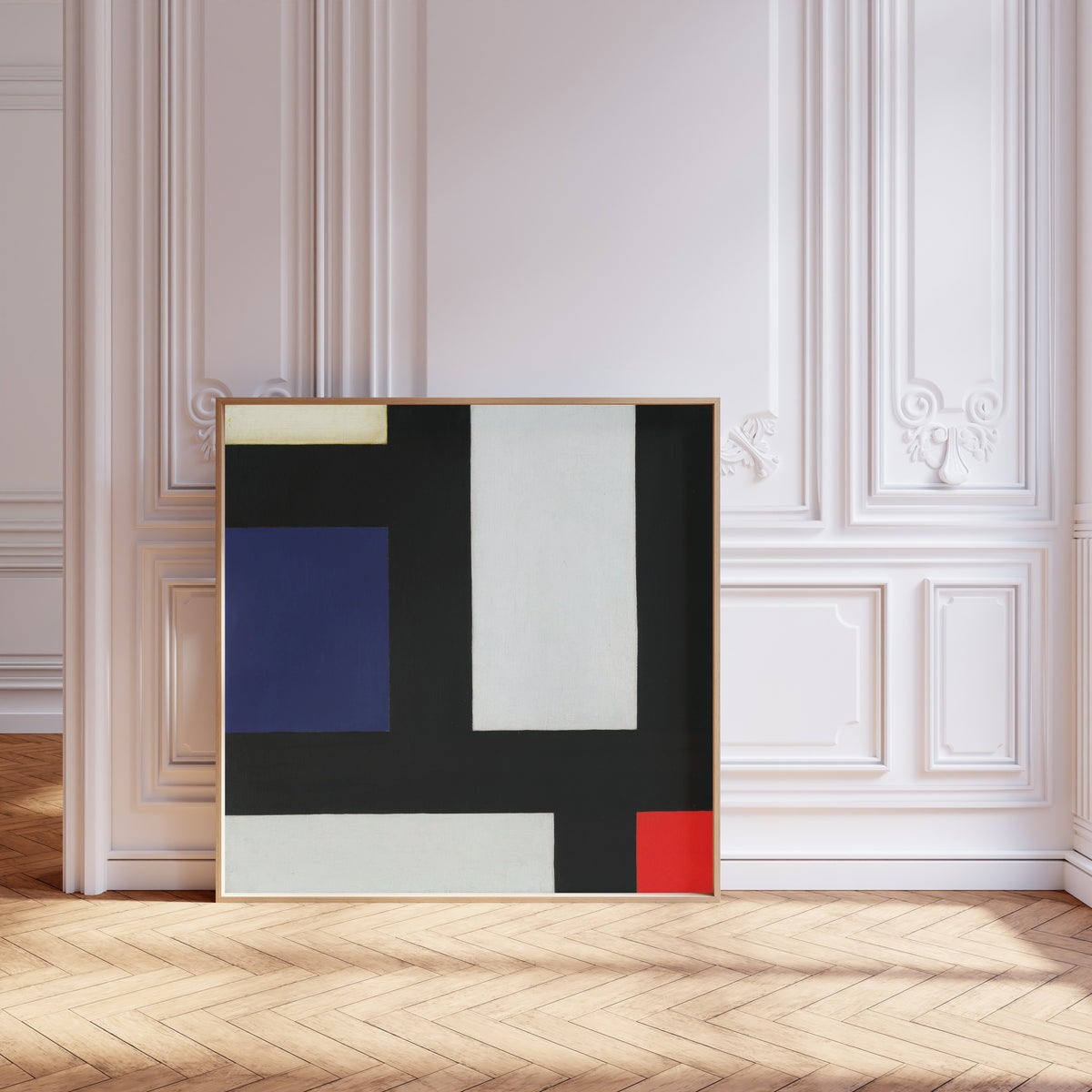 Framed art print of Contra-composition IV by Theo van Doesburg, leaning against pale pink panelling on a herringbone floor