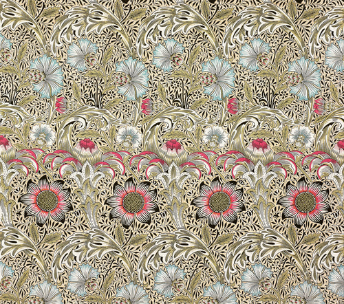 Corncockle by William Morris — Bands of blue, pink and olive blooms over a black-flecked ground
