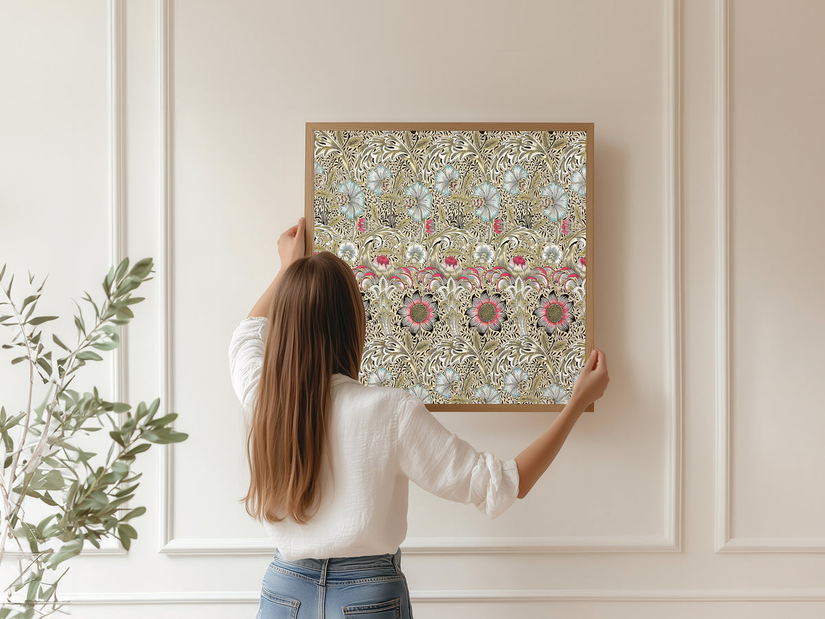 Framed art print of Corncockle by William Morris, hung on a panelled wall