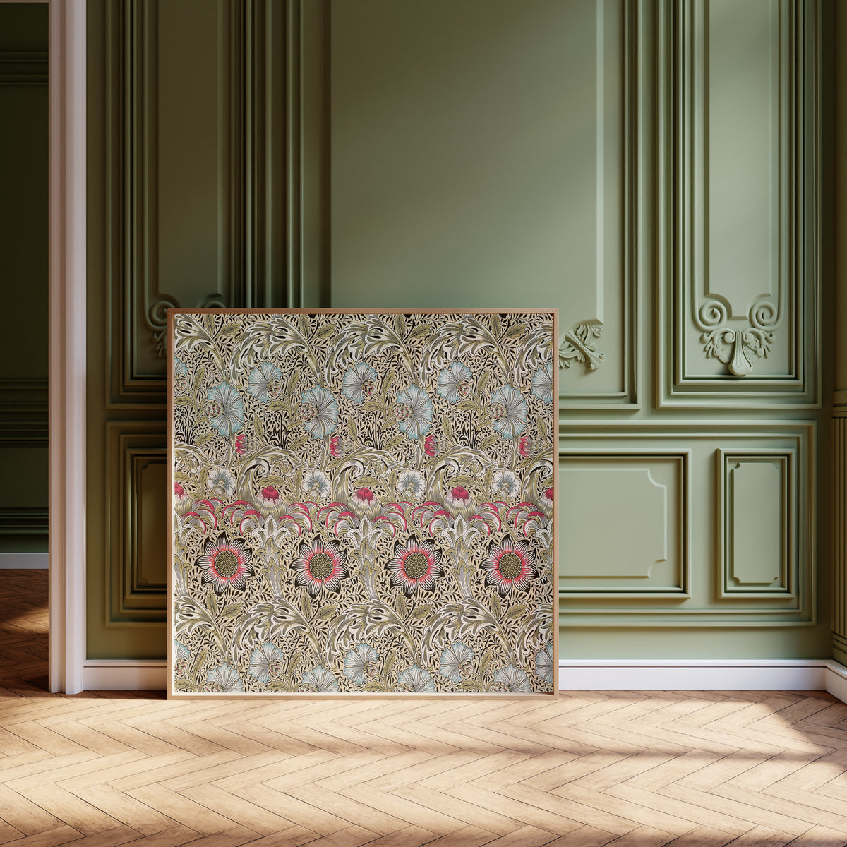 Framed art print of Corncockle by William Morris, leaning against olive-green panelling on a herringbone floor
