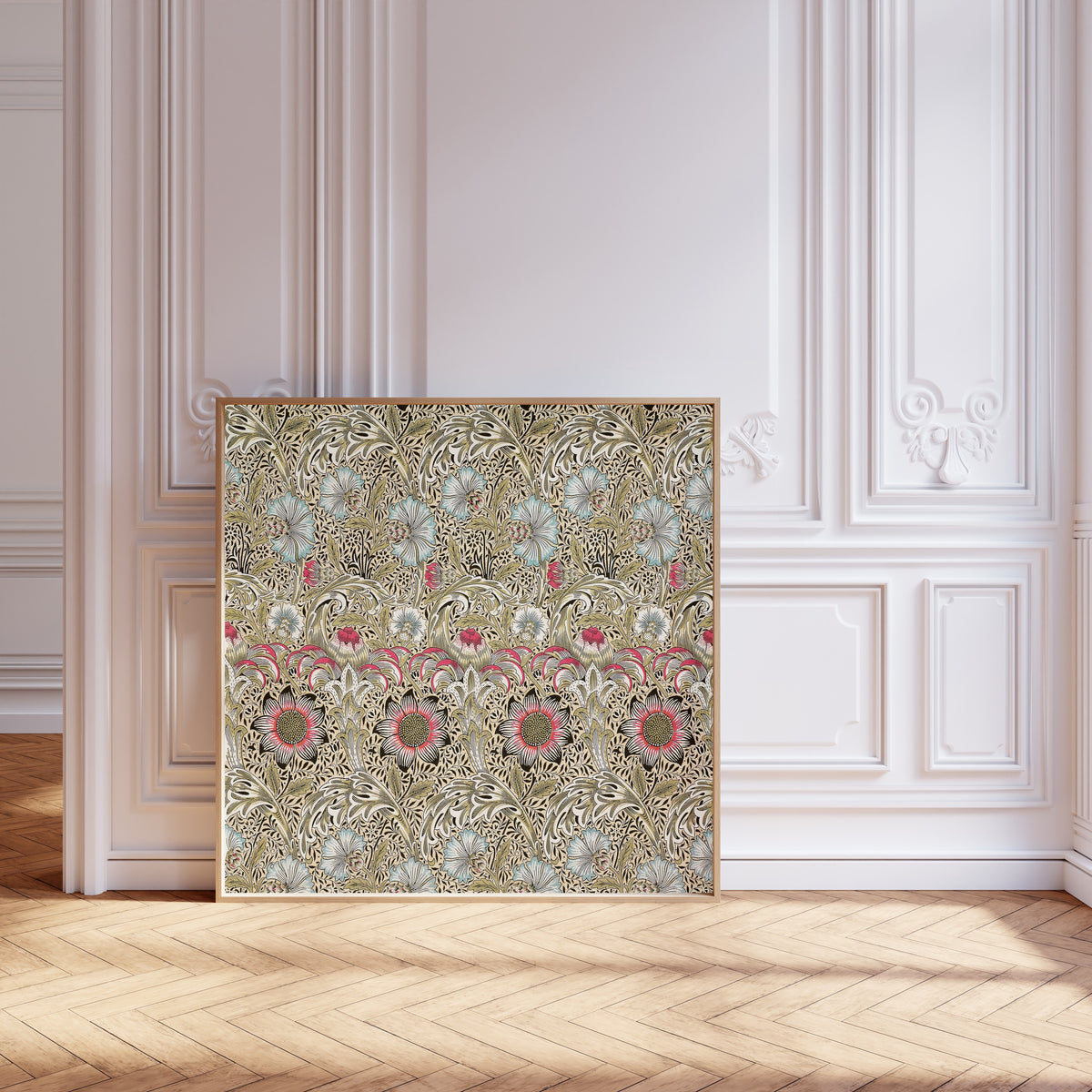 Framed art print of Corncockle by William Morris, leaning against pale pink panelling on a herringbone floor