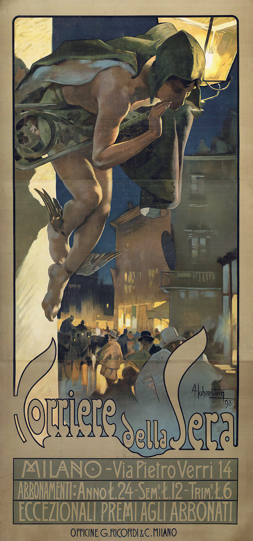 Corriere della Sera, Milano by Adolfo Hohenstein — A winged messenger swoops over a lamplit street at night