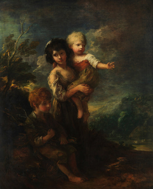 Cottage Children (The Wood Gatherers) by Thomas Gainsborough — Two children and a toddler pause on a path beneath a stormy sky