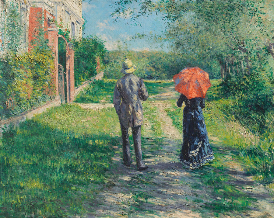 Gustave Caillebotte — Couple on a Walk (Chemin montant) | Fine Art Print shown to scale on a wall above a sofa