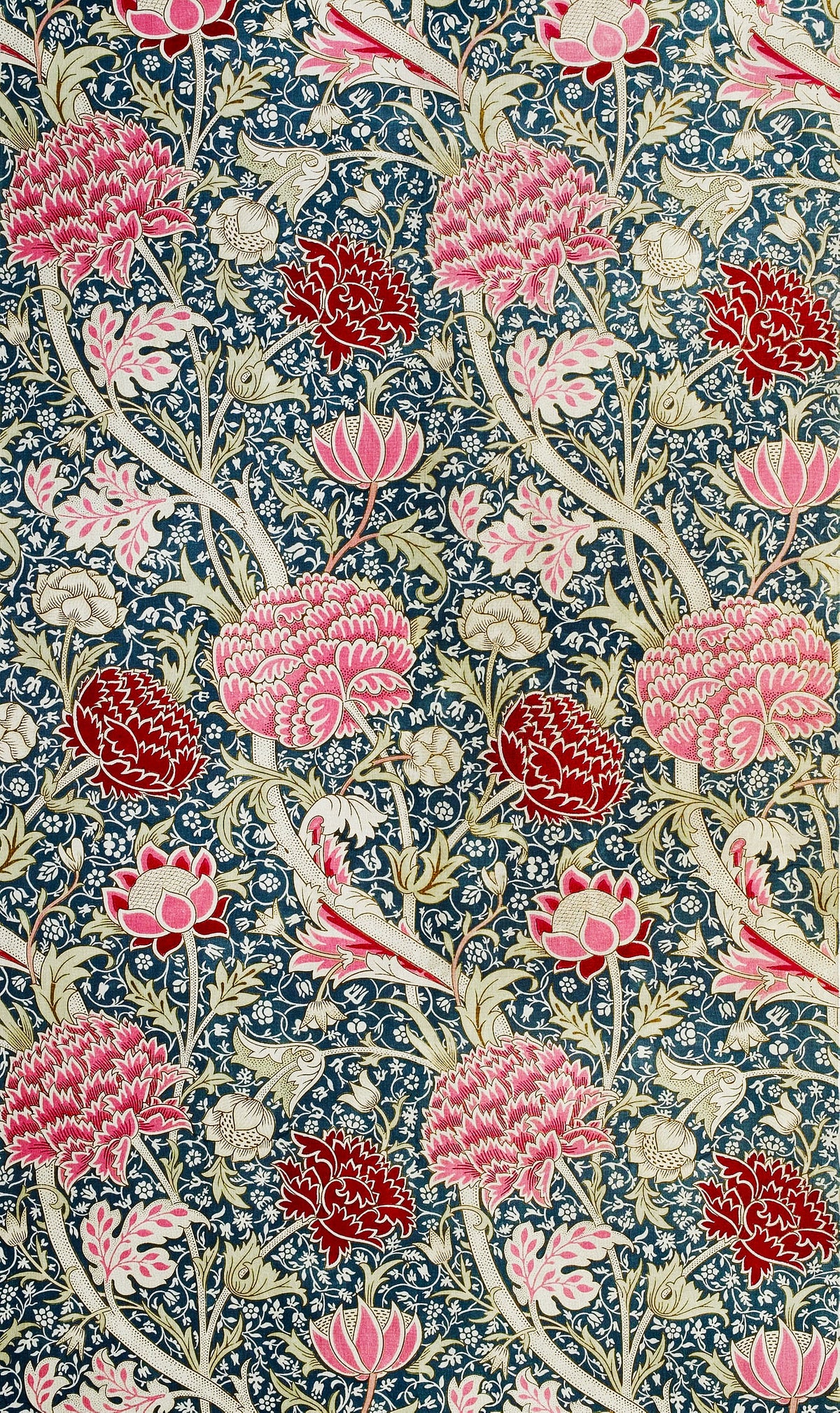 Cray by William Morris — Pink and crimson blooms across a deep teal-blue ground