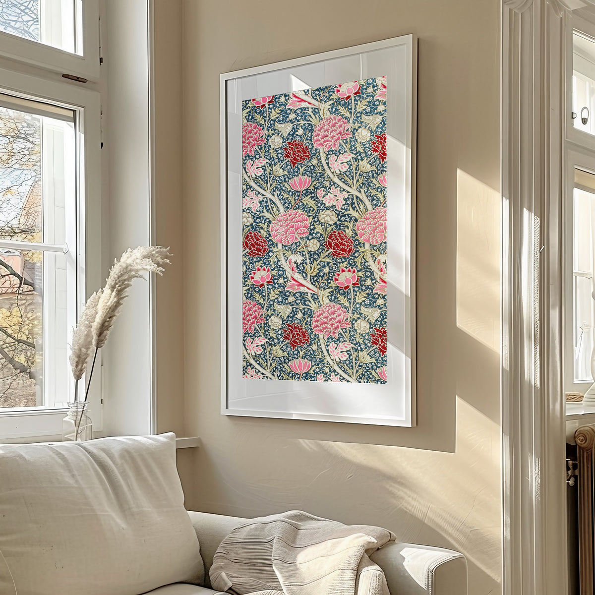 Framed art print of Cray by William Morris, in a sunlit living room above a sofa