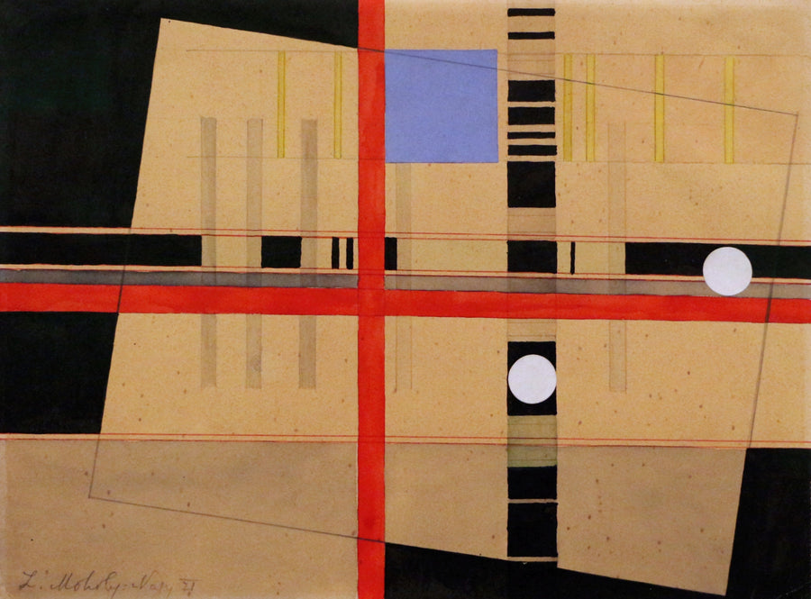 László Moholy-Nagy — Croce rossa e palle bianche | Art Print shown to scale on a wall above a sofa