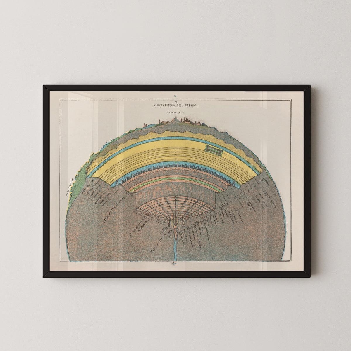 Cross Section of Hell by Michelangelo Caetani — in a black frame on a pale wall