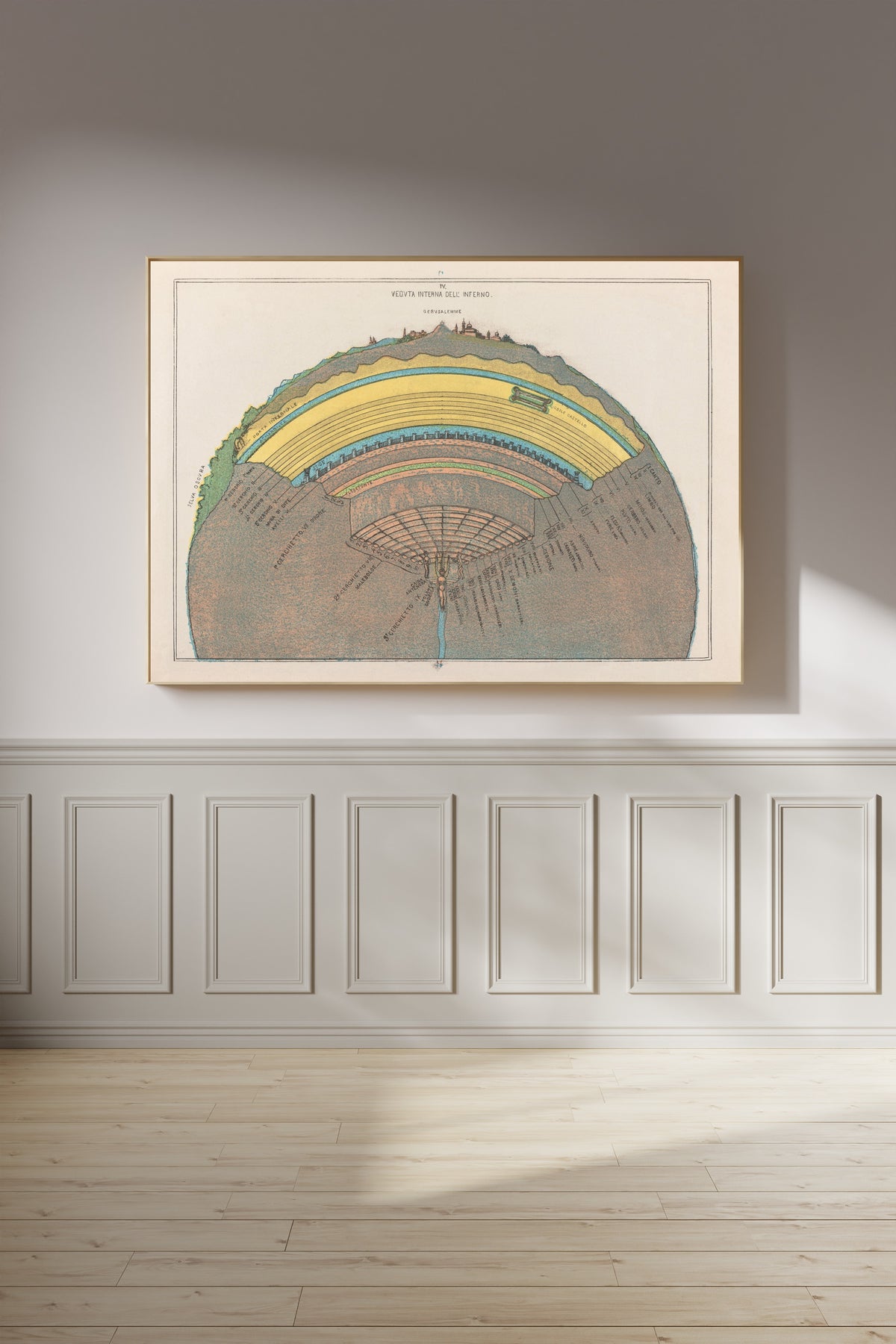 Cross Section of Hell by Michelangelo Caetani — framed on a panelled wall in afternoon light