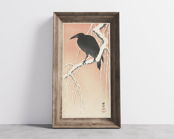 Ohara Koson — Crow on Snowy Branch (Pink Sky) | Japanese Bird & Flower Woodblock Print