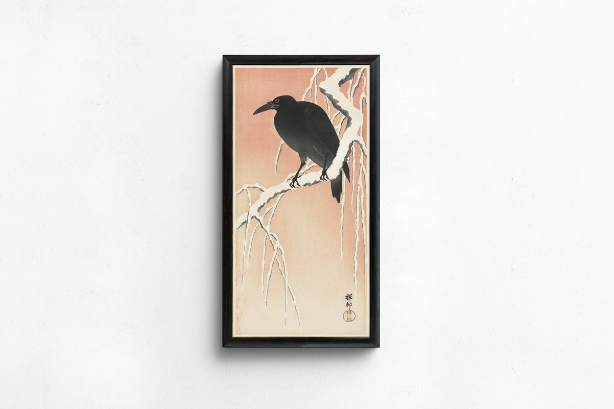 Ohara Koson — Crow on Snowy Branch (Pink Sky) | Japanese Bird & Flower Woodblock Print