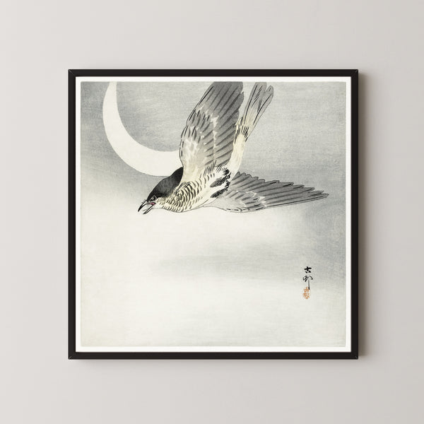 Ohara Koson — Cuckoo at Crescent Moon | Japanese Bird & Flower Woodblock Print