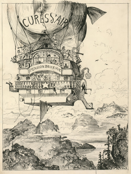 Cures d’air dans la montagne by Albert Robida — A flying guesthouse drifts beneath a balloon above the Alps