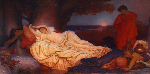 Cymon and Iphigenia by Frederic Leighton — A young man in red gazes at a sleeping woman beneath glowing trees