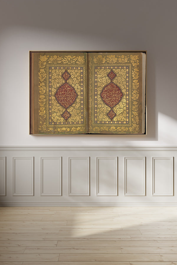 Ahmad Nairizi — Book of Prayers: Illuminated Opening with Crimson Medallions | Islamic Calligraphy Art Print