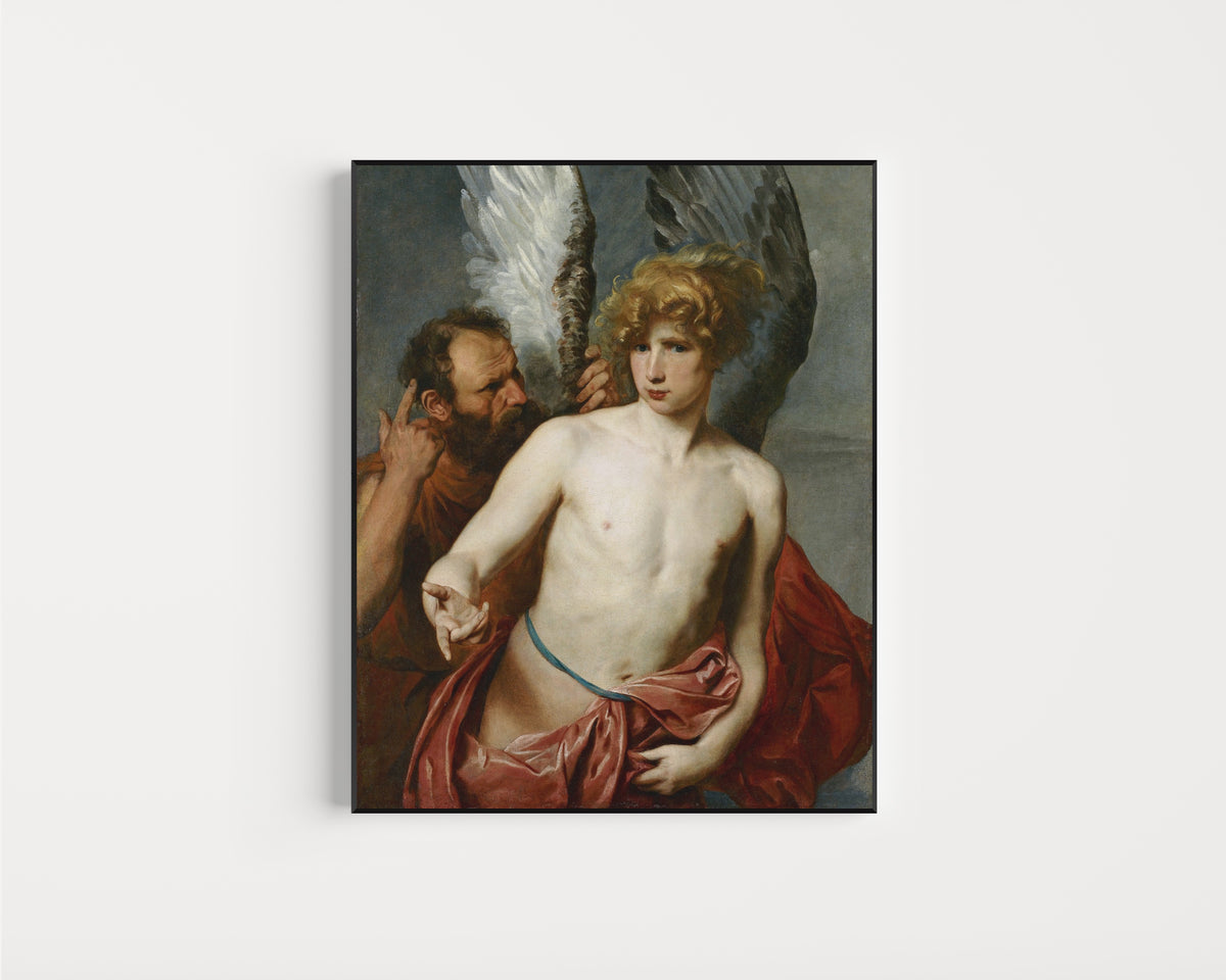 Framed art print of Daedalus and Icarus by Anthony van Dyck, in a slim black frame on a plain white wall