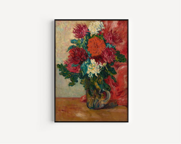 Louis Valtat — Dahlias à la cruche en verre devant une tenture rouge | Fauvist Fine Art Print