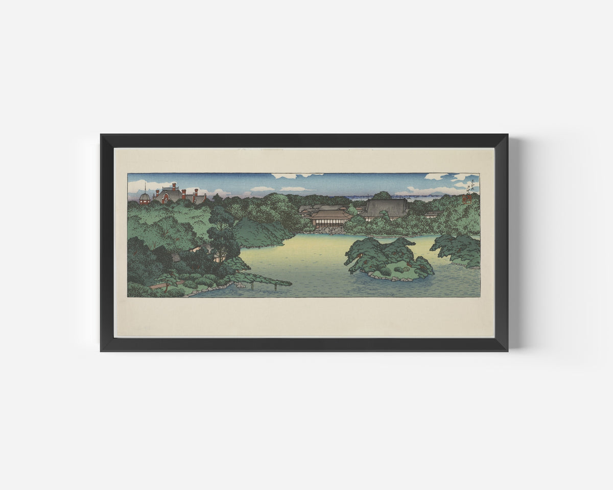 Framed art print of Daisensui Pond, Mitsubishi Villa at Fukagawa by Kawase Hasui, in a wide black frame on a plain white wall