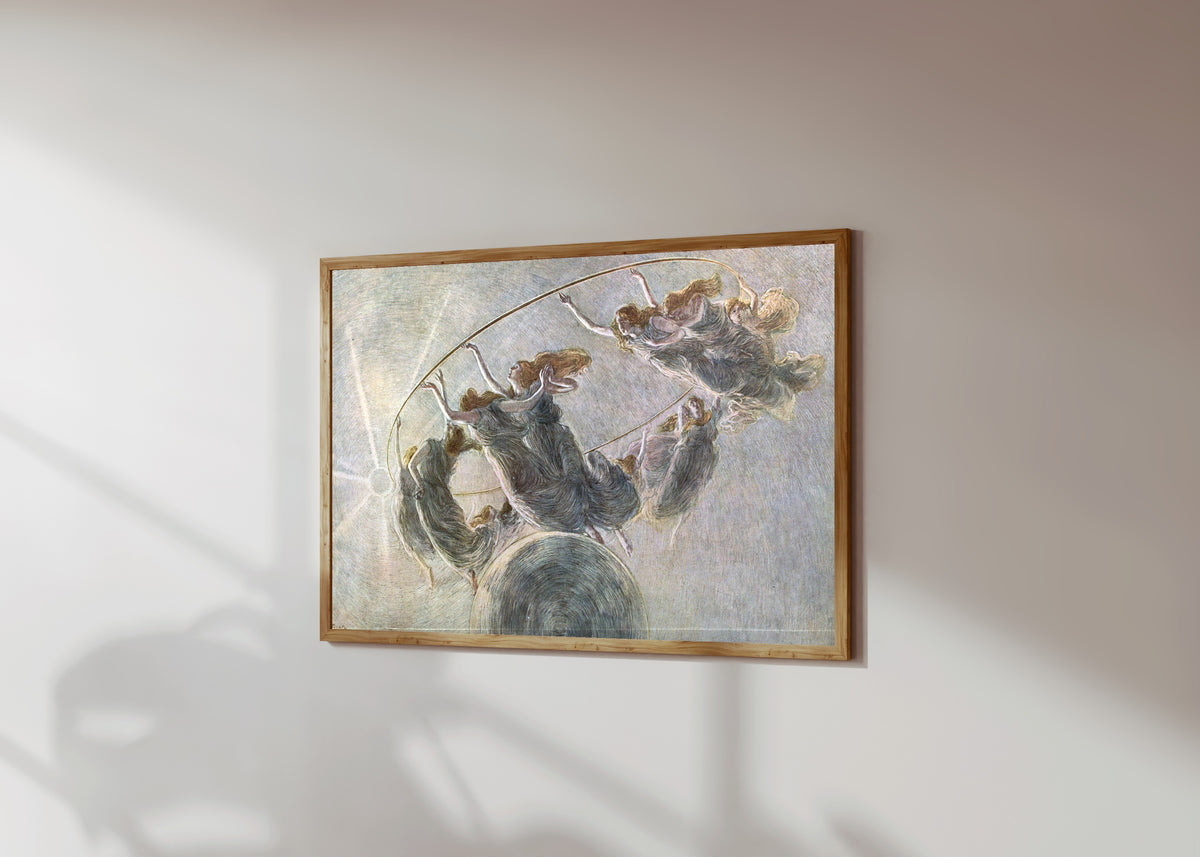 Framed art print of Dance of the Hours by Gaetano Previati, in a light wood frame on a sunlit white wall, seen at a slight angle