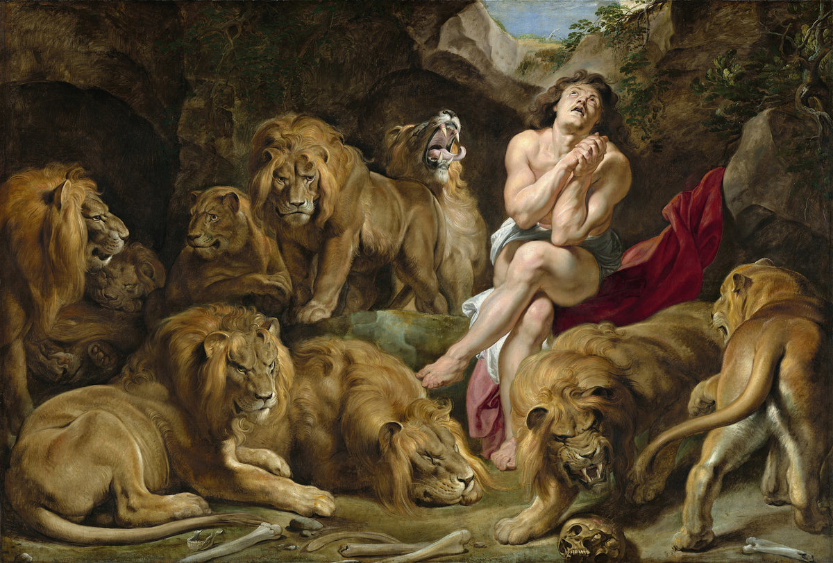Daniel in the Lions' Den by Peter Paul Rubens — A man prays among nine lions on the floor of a rocky den