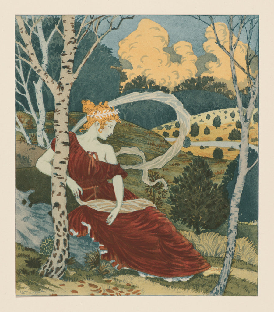 Eugène Grasset — Dans Les Bois | Art Nouveau Print shown to scale on a wall above a sofa