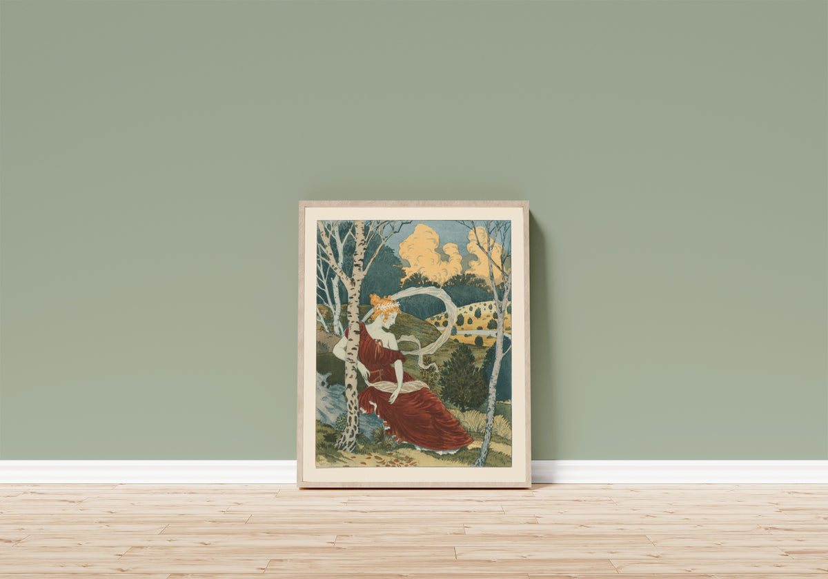 Framed art print of Dans Les Bois by Eugène Grasset, in a light wood frame leaning on a sage green wall above a wooden floor