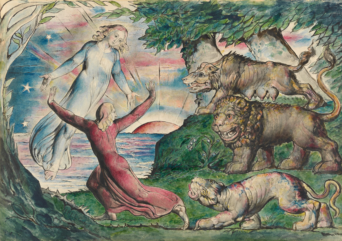 Dante Running from the Three Beasts by William Blake — A poet in red flees a lion, a wolf and a leopard toward a pale guide