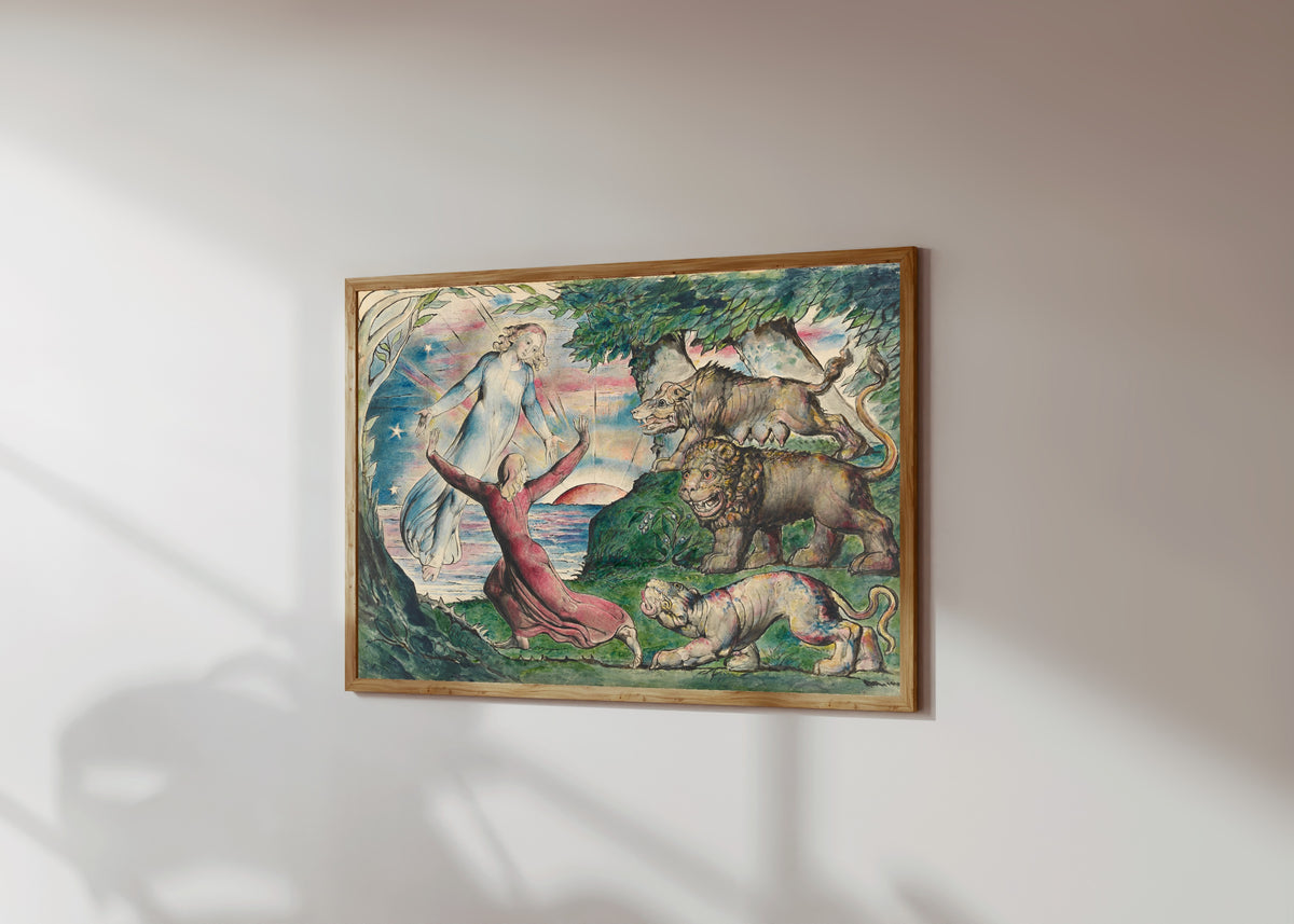 Framed art print of Dante Running from the Three Beasts by William Blake, in a light wood frame on a sunlit white wall, seen at a slight angle