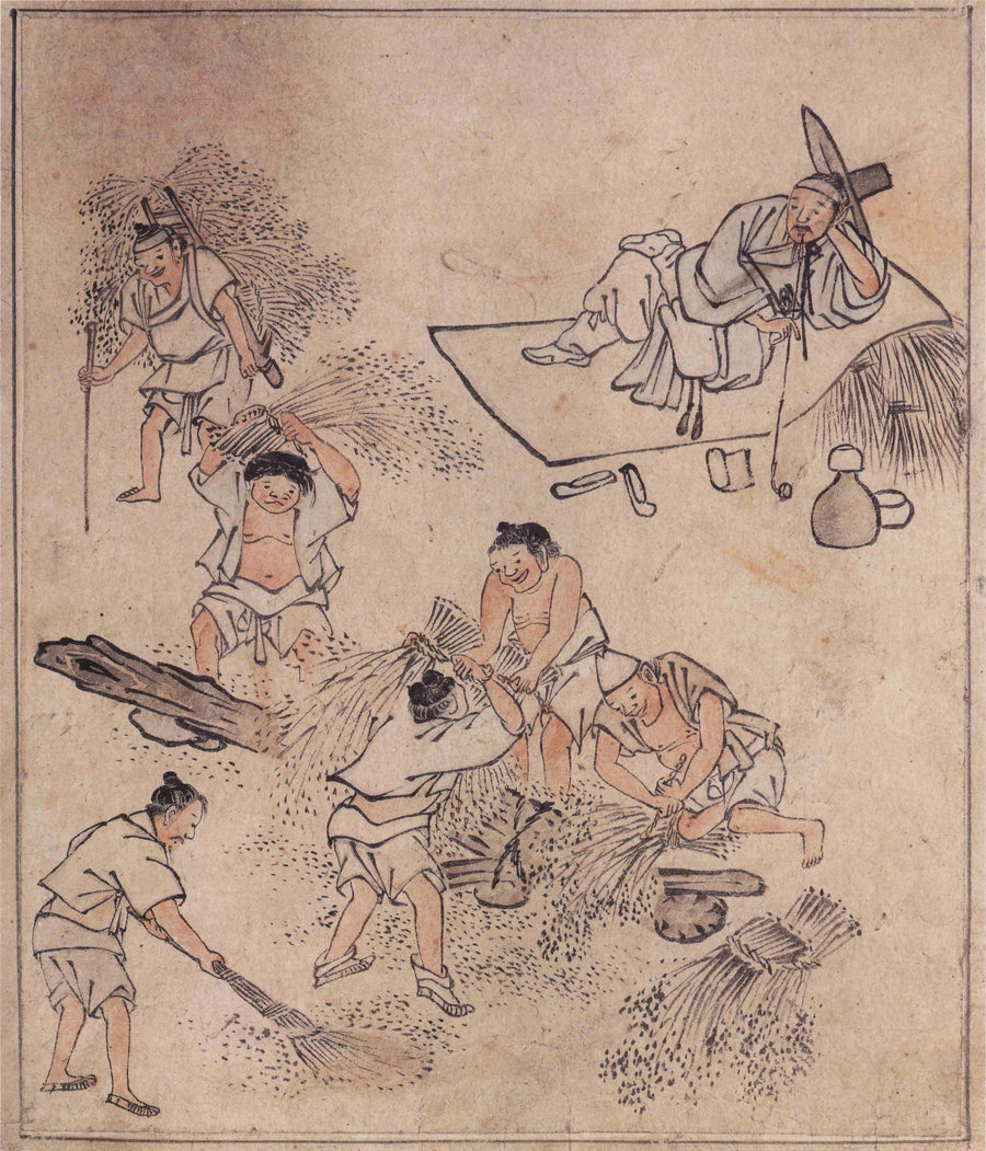 Kim Hong-do (Danwon) — Danwon Genre Painting Album: Threshing | Korean Painting Art Print shown to scale on a wall above a sofa