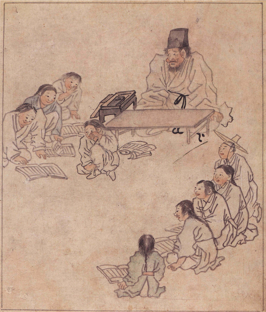 Kim Hong-do (Danwon) — Danwon Genre Painting Album: Village School | Korean Painting Art Print shown to scale on a wall above a sofa