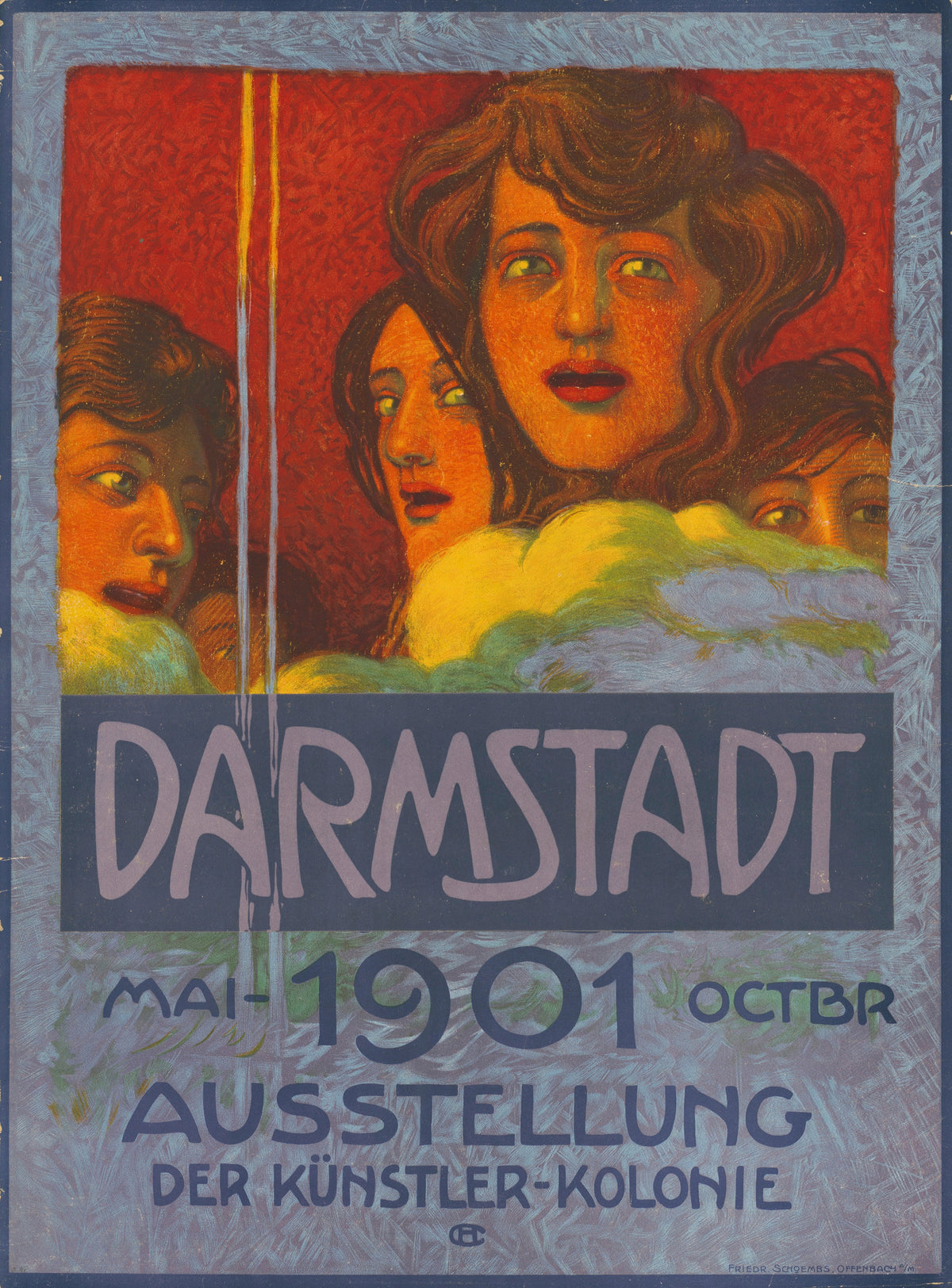 Darmstadt 1901: Ausstellung der Künstler-Kolonie by Hans Christiansen — Four women's faces crowd a red panel above the Darmstadt lettering