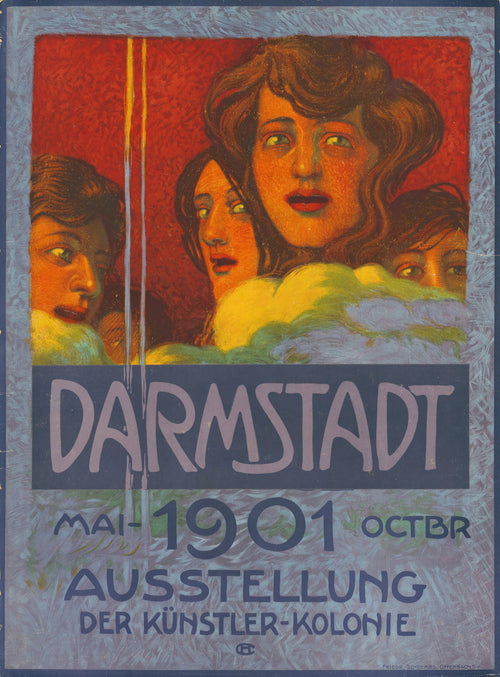 Darmstadt 1901: Ausstellung der Künstler-Kolonie by Hans Christiansen — Four women's faces crowd a red panel above the Darmstadt lettering