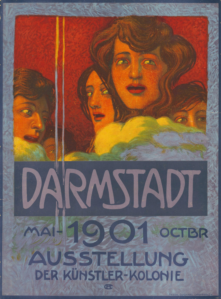 Hans Christiansen — Darmstadt 1901: Ausstellung der Künstler-Kolonie | Vintage Poster Print shown to scale on a wall above a sofa