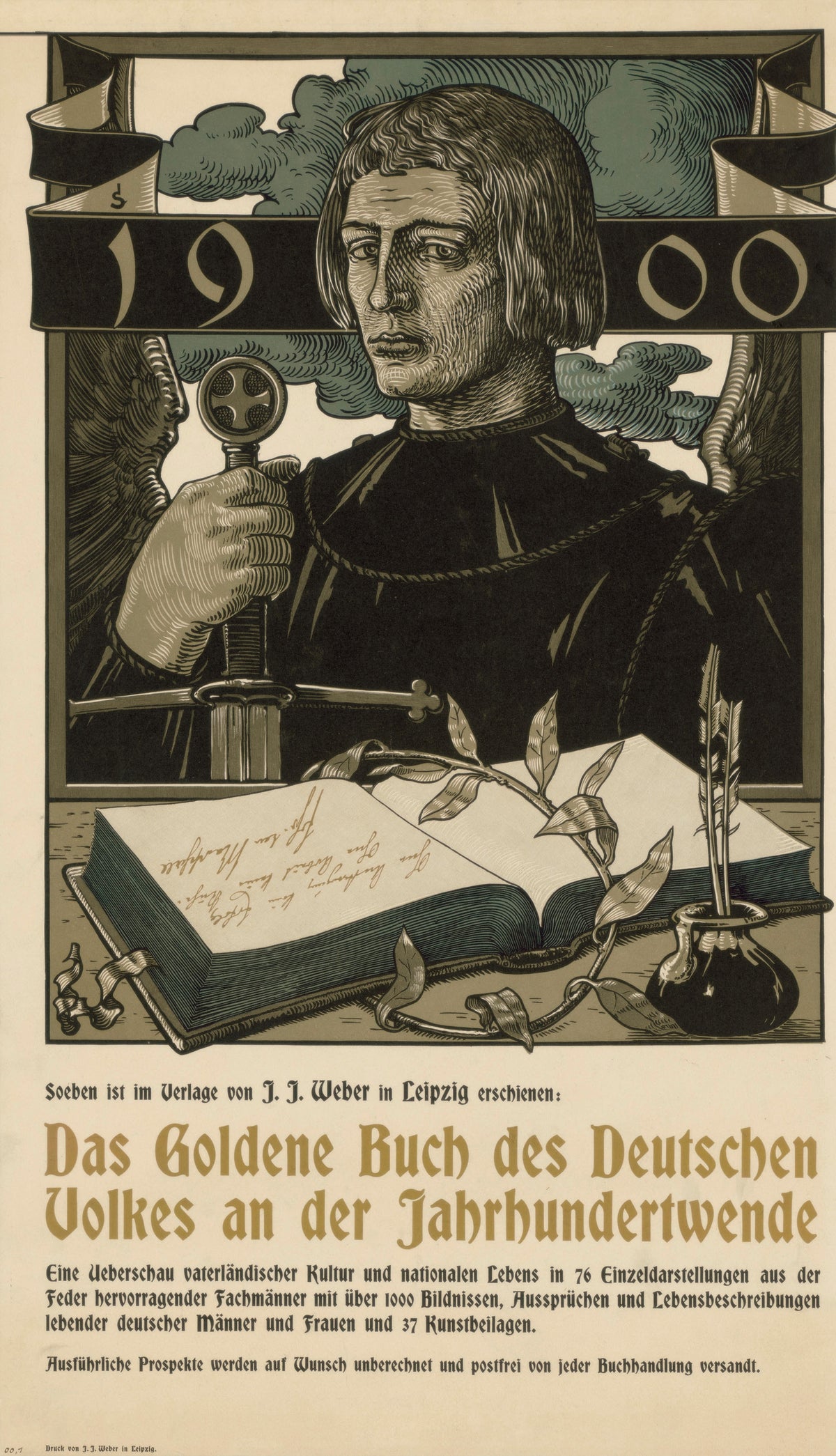 Das Goldene Buch des Deutschen Volkes an der Jahrhundertwende by Joseph Sattler — A winged young man holds a sword above an open book