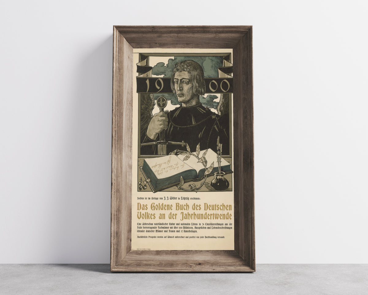 Framed art print of Das Goldene Buch des Deutschen Volkes an der Jahrhundertwende by Joseph Sattler, in a wide wooden frame leaning against a concrete wall