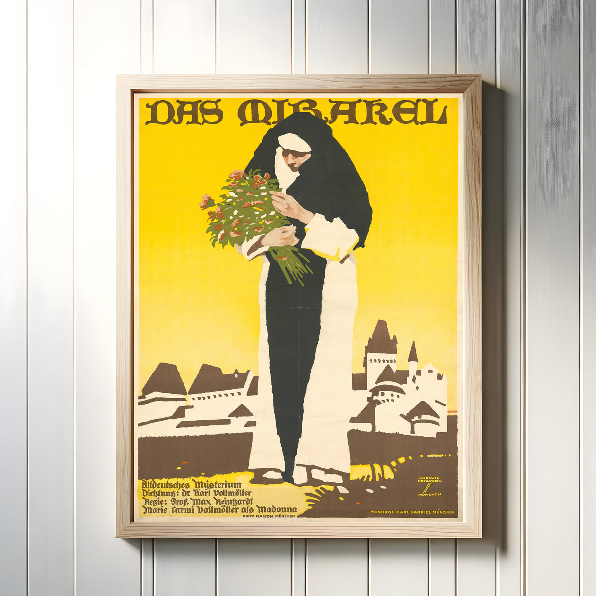 Framed art print of Das Mirakel by Ludwig Hohlwein, in a light wood frame on a white panelled wall