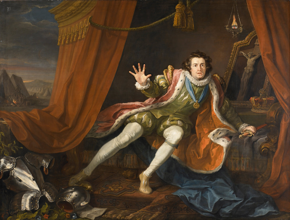 David Garrick as Richard III by William Hogarth — An actor in ermine starts from his bed, hand thrown out in alarm