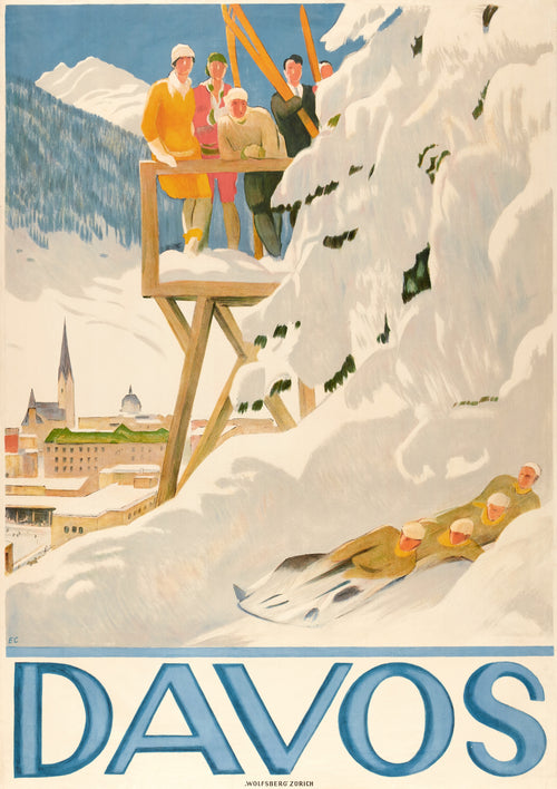 Davos by Emil Cardinaux — Skiers watch a four-man bobsleigh hurtle past a snow-laden fir