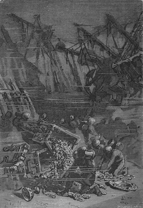 De ces caisses s'échappaient des lingots (Ingots spilled out of these chests) by Alphonse de Neuville — Helmeted divers haul gold from a sunken ship's broken