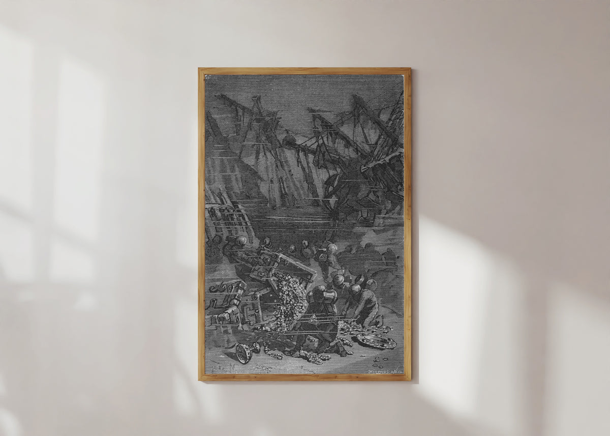 Framed art print of De ces caisses s'échappaient des lingots (Ingots spilled out of… by Alphonse de Neuville, in a light wood frame on a sunlit white wall