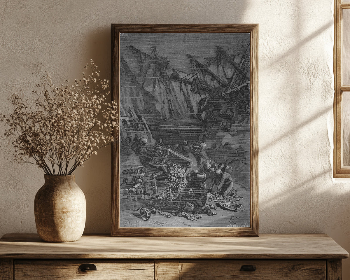 Framed art print of De ces caisses s'échappaient des lingots… by Alphonse de Neuville, in a dark wood frame leaning on a rustic console beside dried flowers