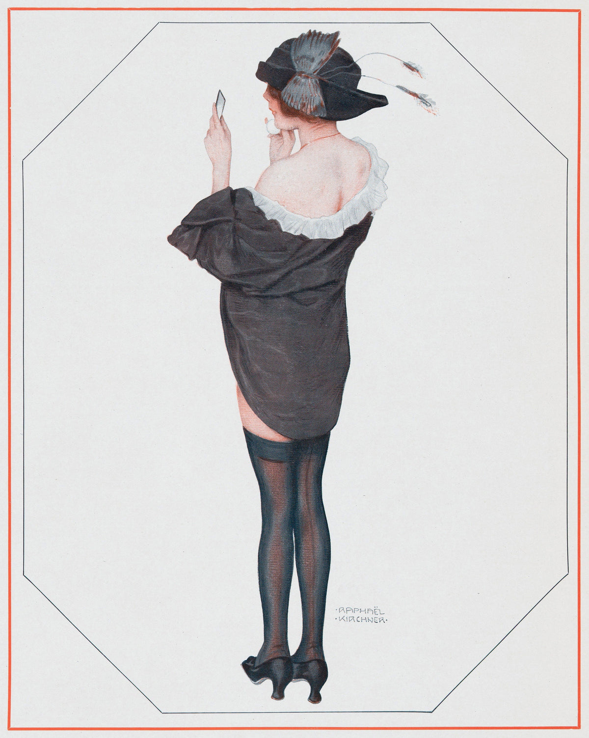 De la Brune à la Blonde, Pl. 2: Entre Deux Poses by Raphael Kirchner — A woman in a black wrap powders her cheek before a hand mirror