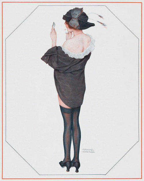 De la Brune à la Blonde, Pl. 2: Entre Deux Poses by Raphael Kirchner — A woman in a black wrap powders her cheek before a hand mirror